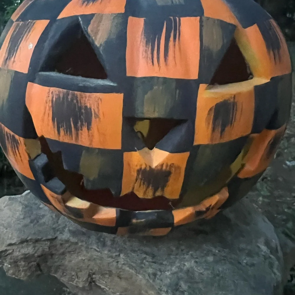 Orange and Black Checker Jack-O'-Lantern thick foam Lantern Hand painted